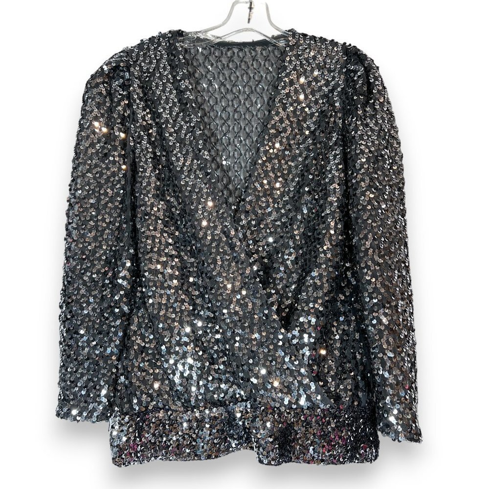 Vintage Partique Black Silver Sequin Top ILGWU Made in USA Disco